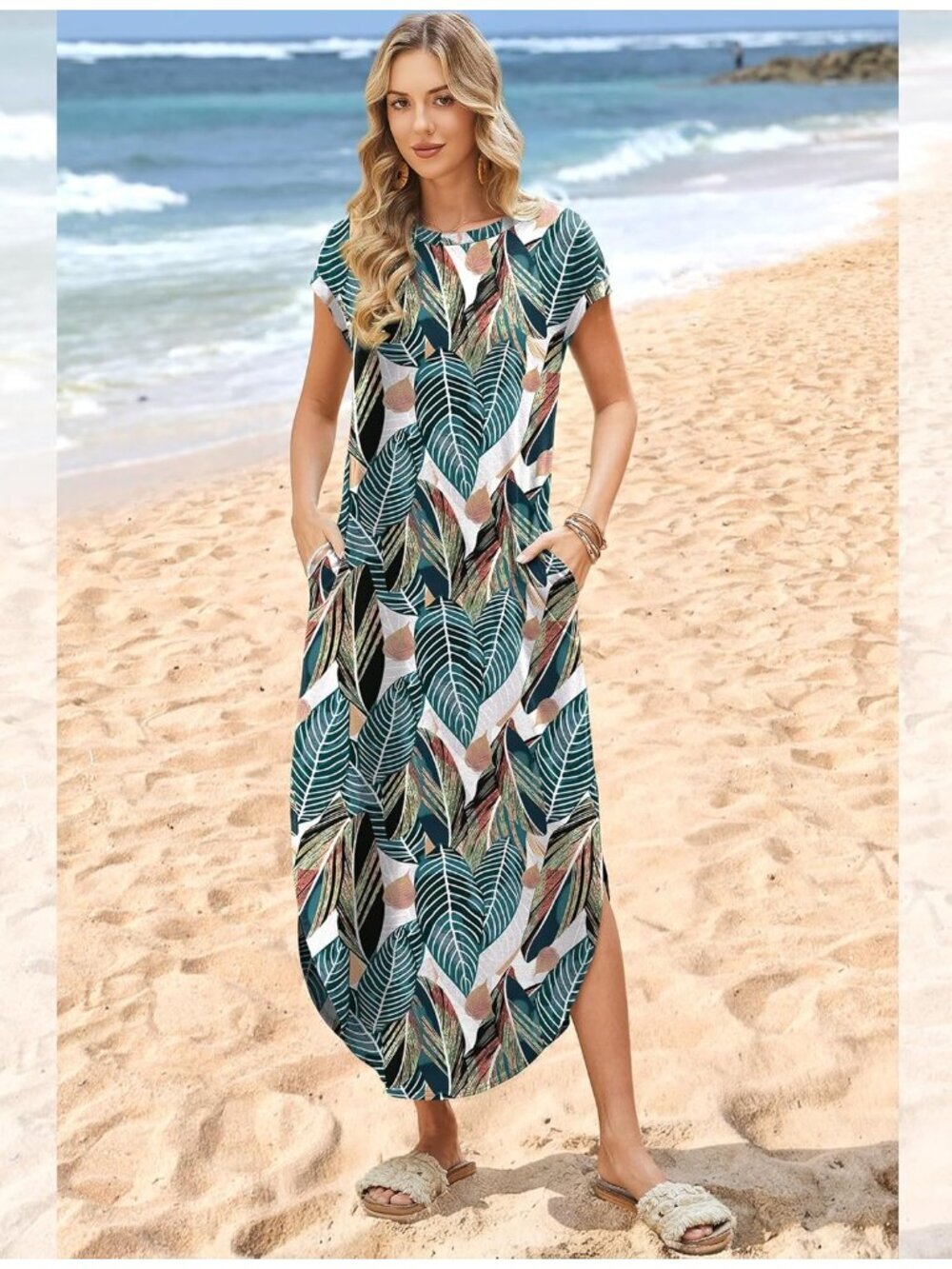 〽️Women Floral Palm Leaf Sleeve Crewneck Casual Long Summer Pull On Maxi Dress
